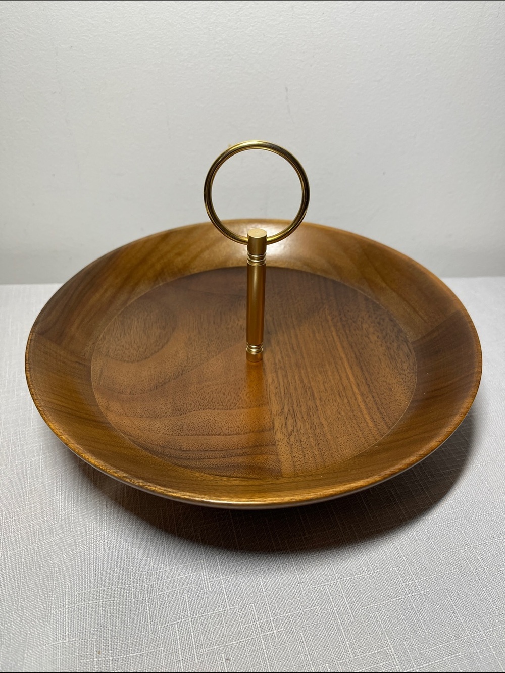 Vintage SOLID WALNUT Wooden Serving Tray Trinket Dish with Gold Handle - Brown